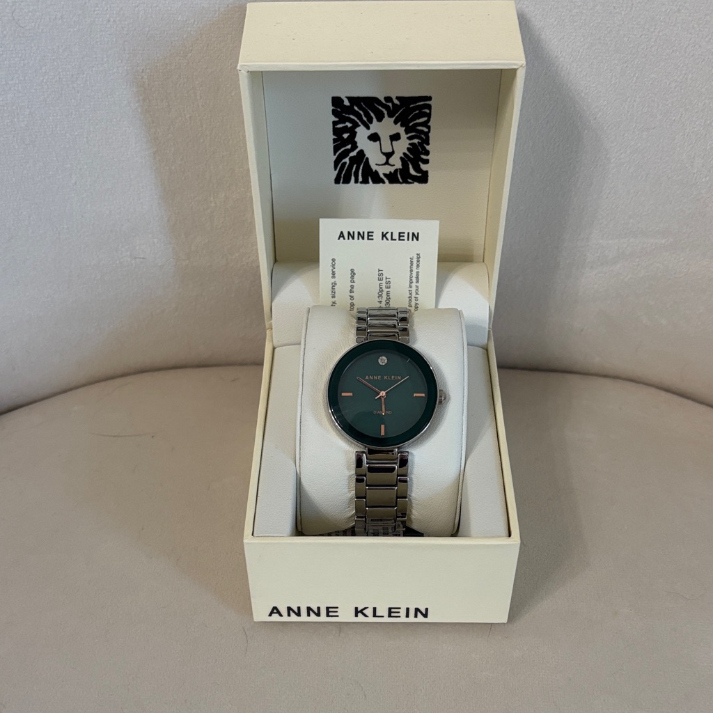 Anne Klein Silver Diamond Dial Watch With Green Face